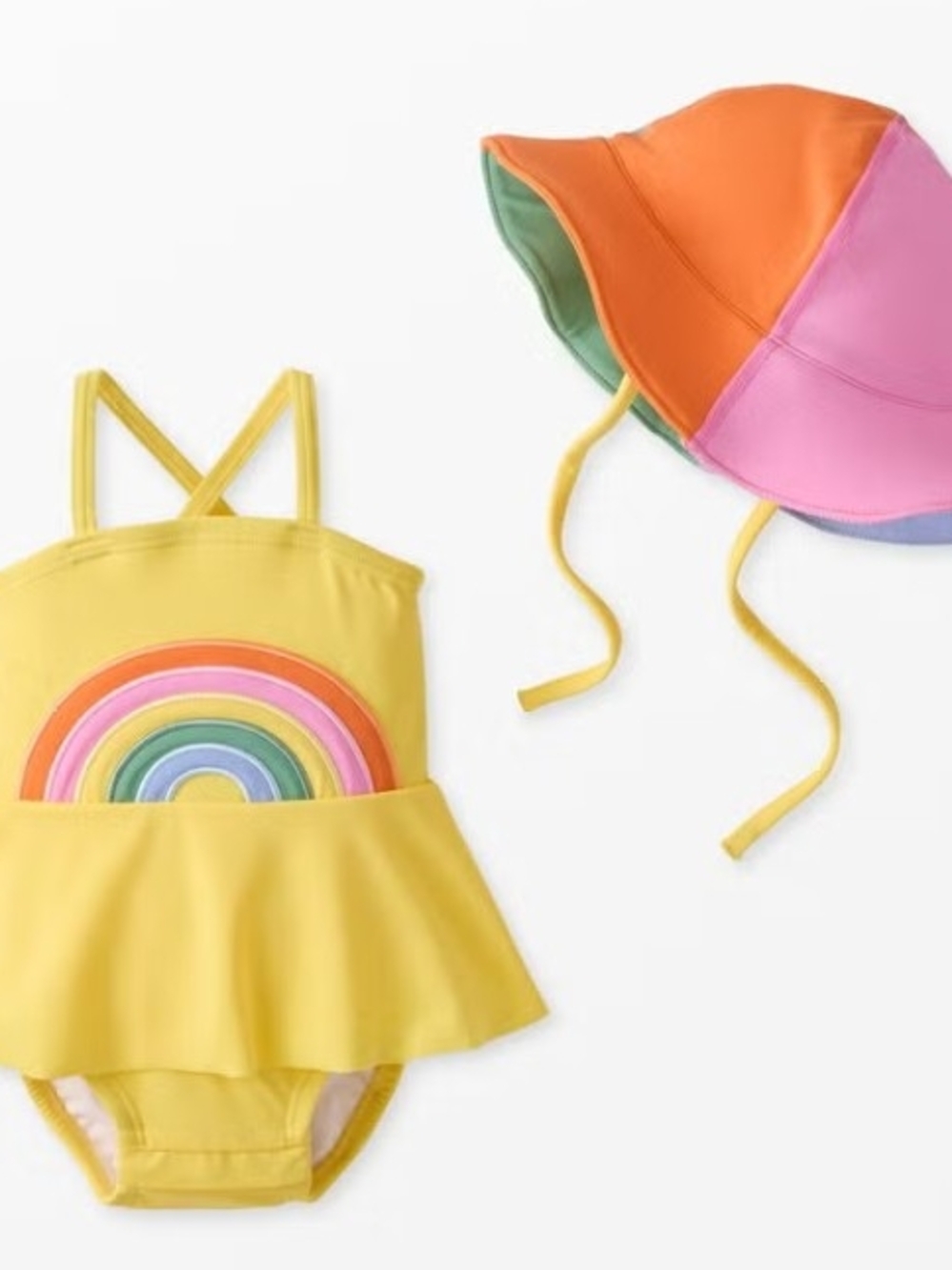 Hanna Andersson 6-12M Yellow Rainbow Peplum Swimsuit with Multicolor Sun Hat